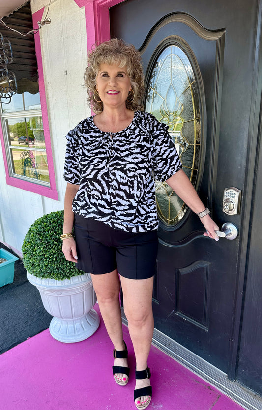 Zebra Ruffle Tie Neck Top