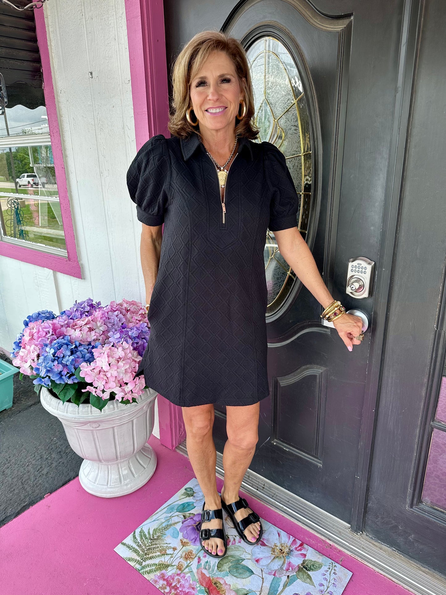 Black Textured Zip Up Dress