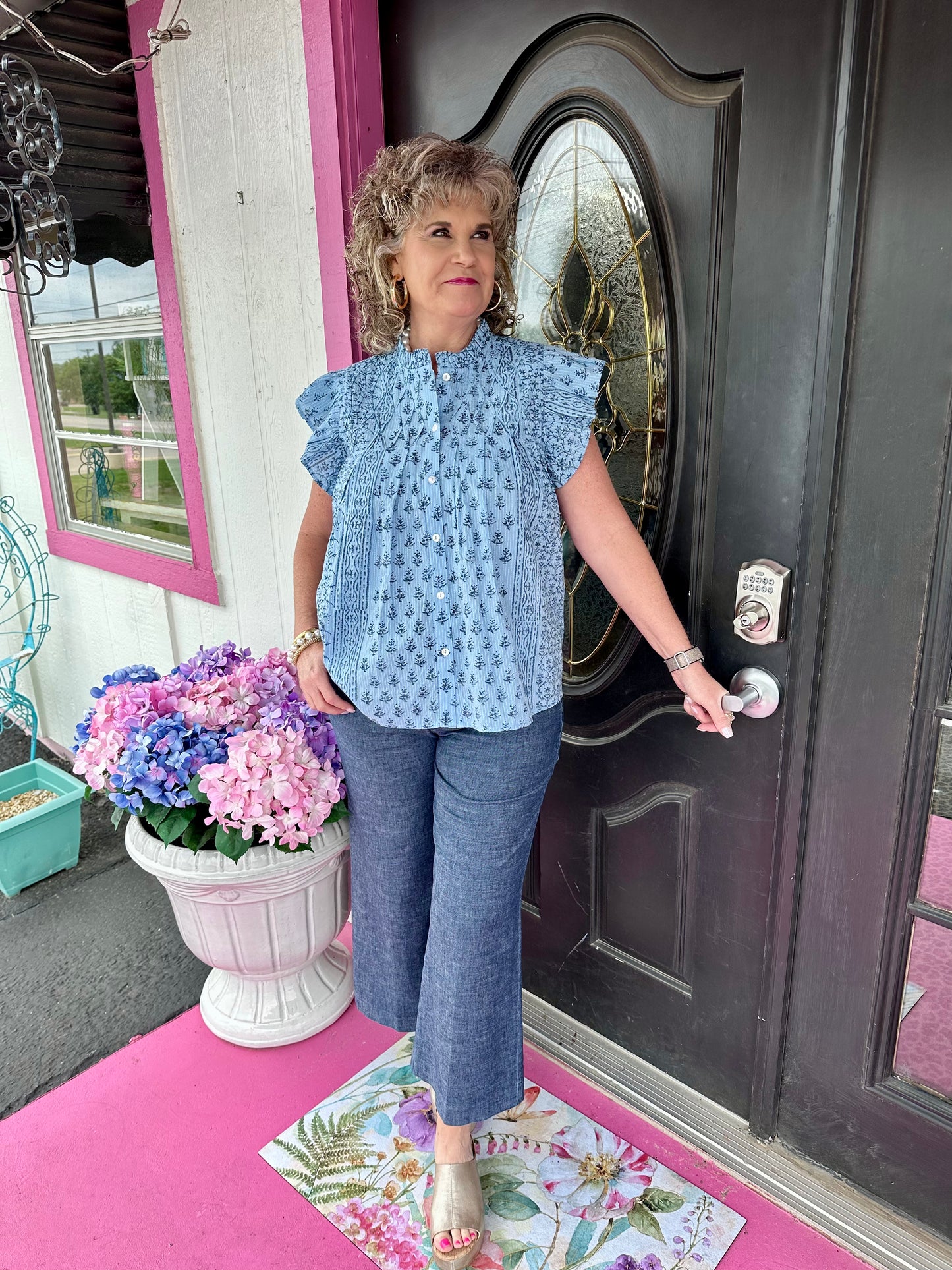 Blocked In Blue Button Top