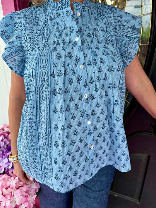 Blocked In Blue Button Top