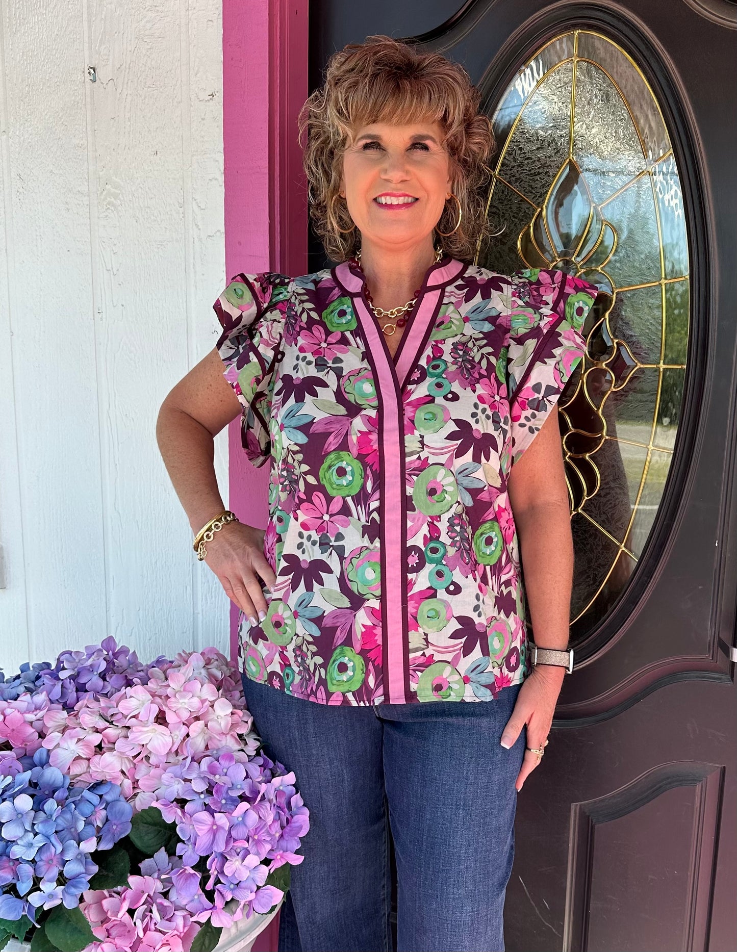 Plum Floral Front Pink Stripe Top