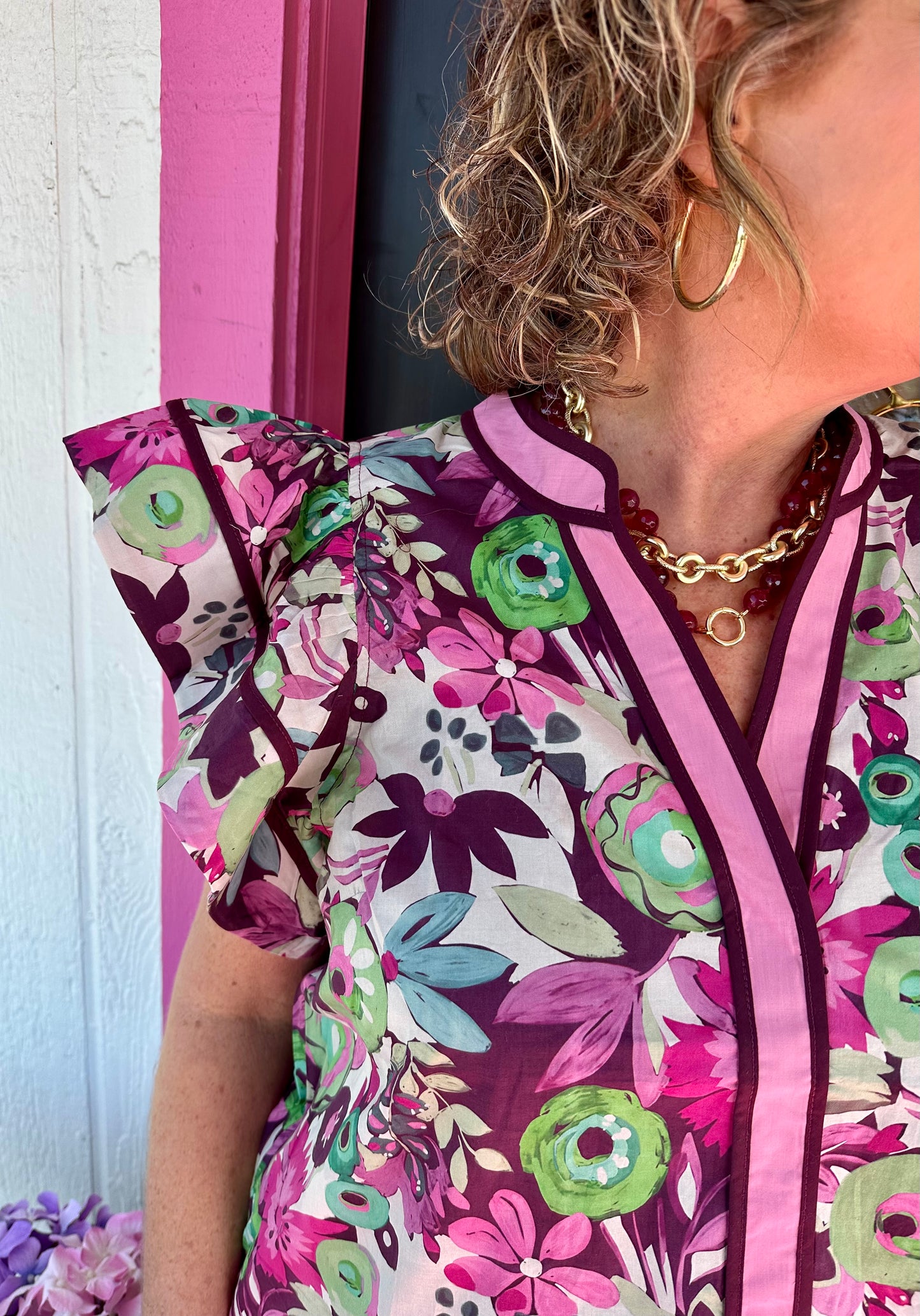 Plum Floral Front Pink Stripe Top