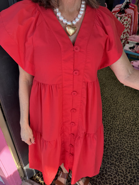Red Button Front Midi Dress