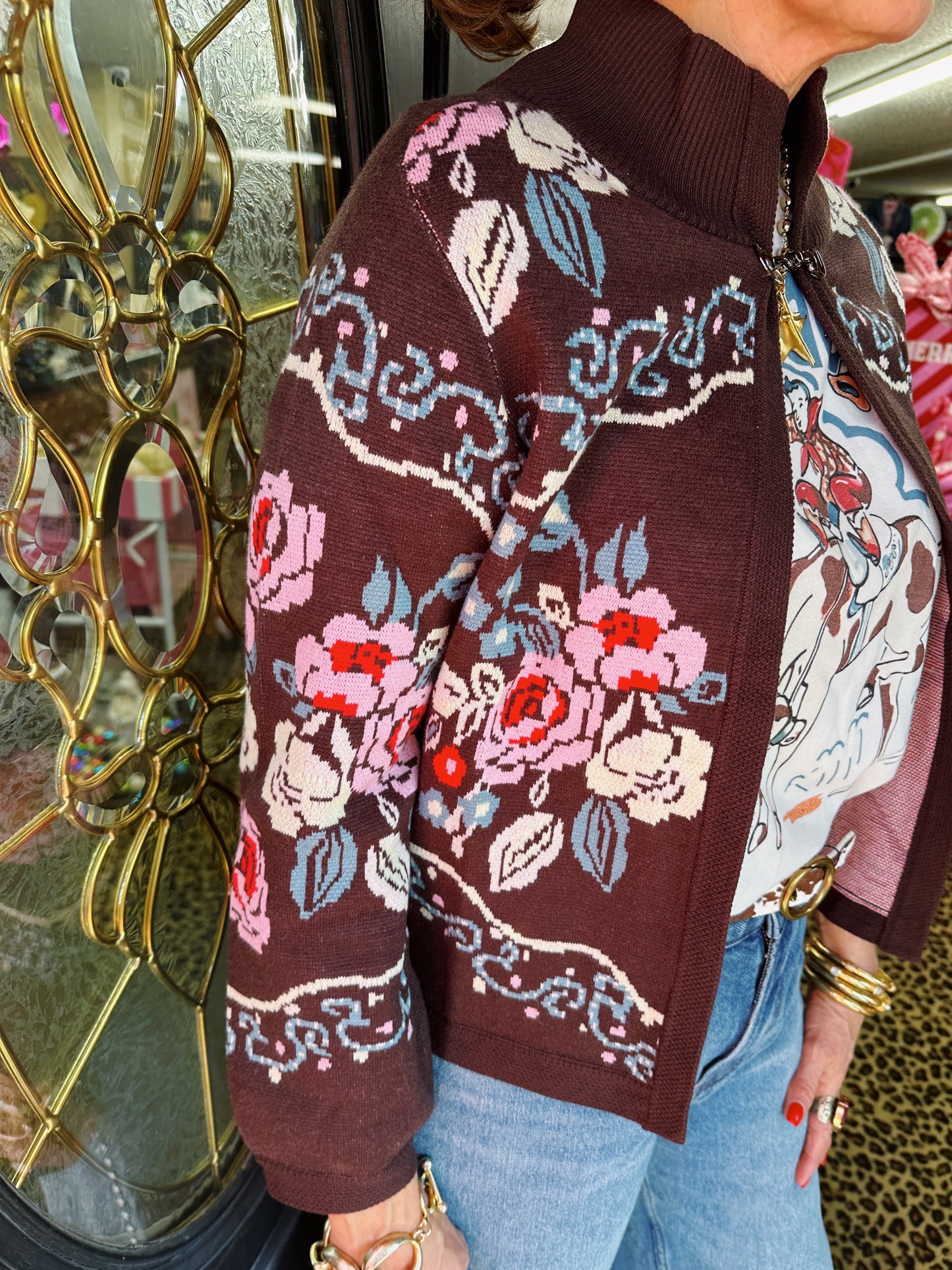 Brown Floral Pattern Cardigan