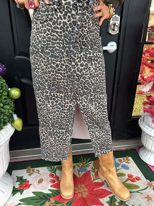 Leopard Slit Front Maxi Skirt