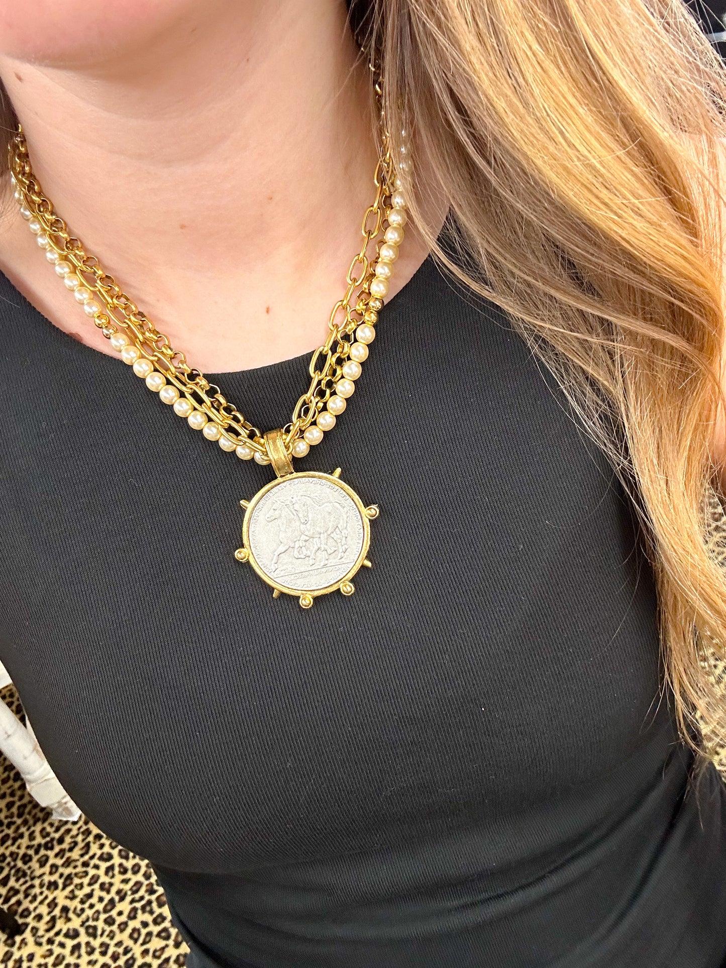 3 Strand Gold Pearl Coin Necklace