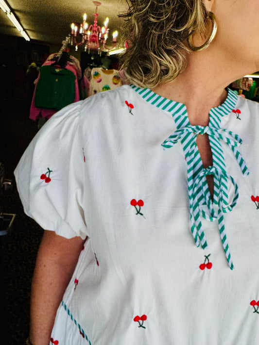 White Cherry Stripe Tie Dress