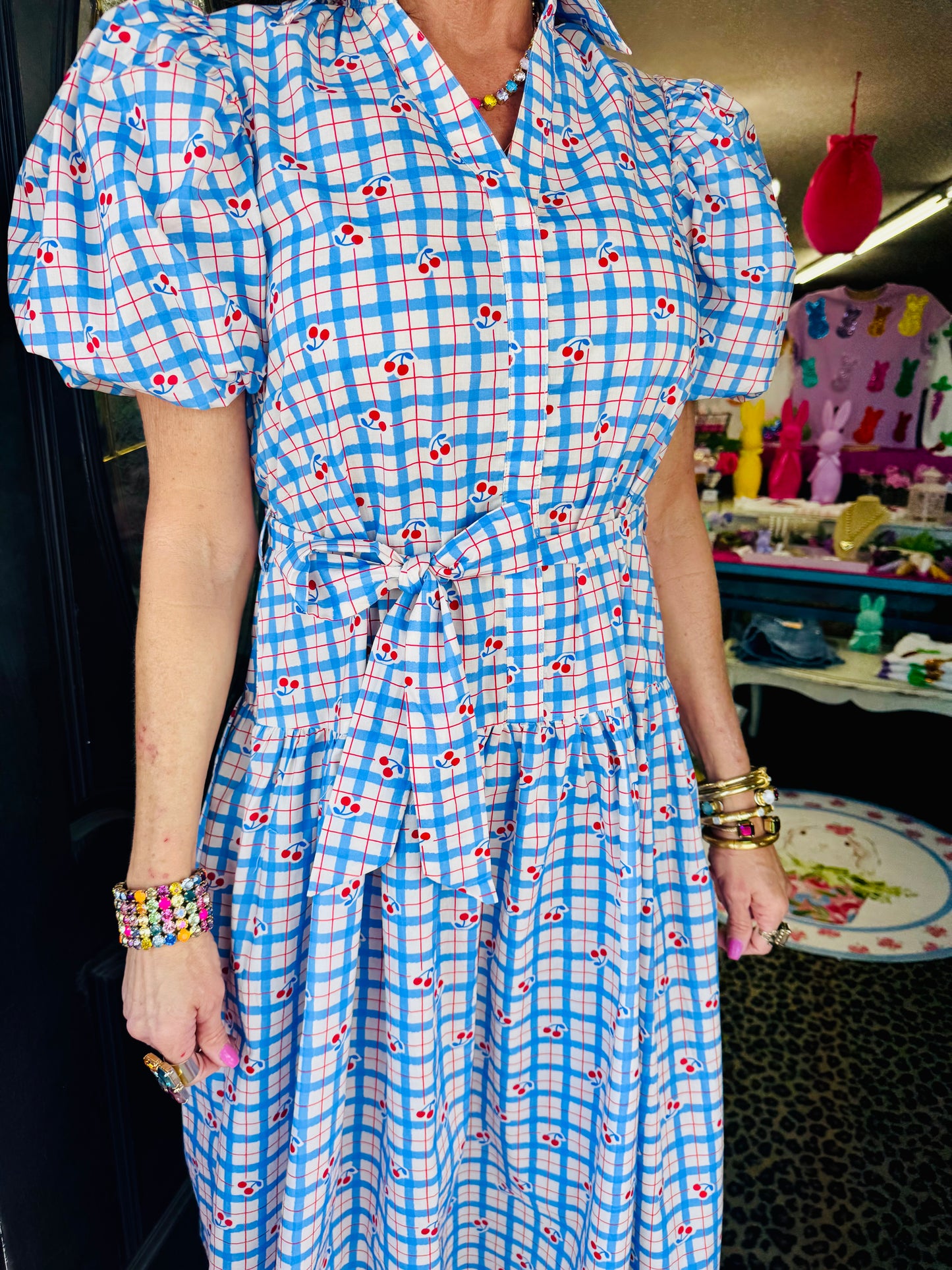 Blue Checker Cherry Midi Dress