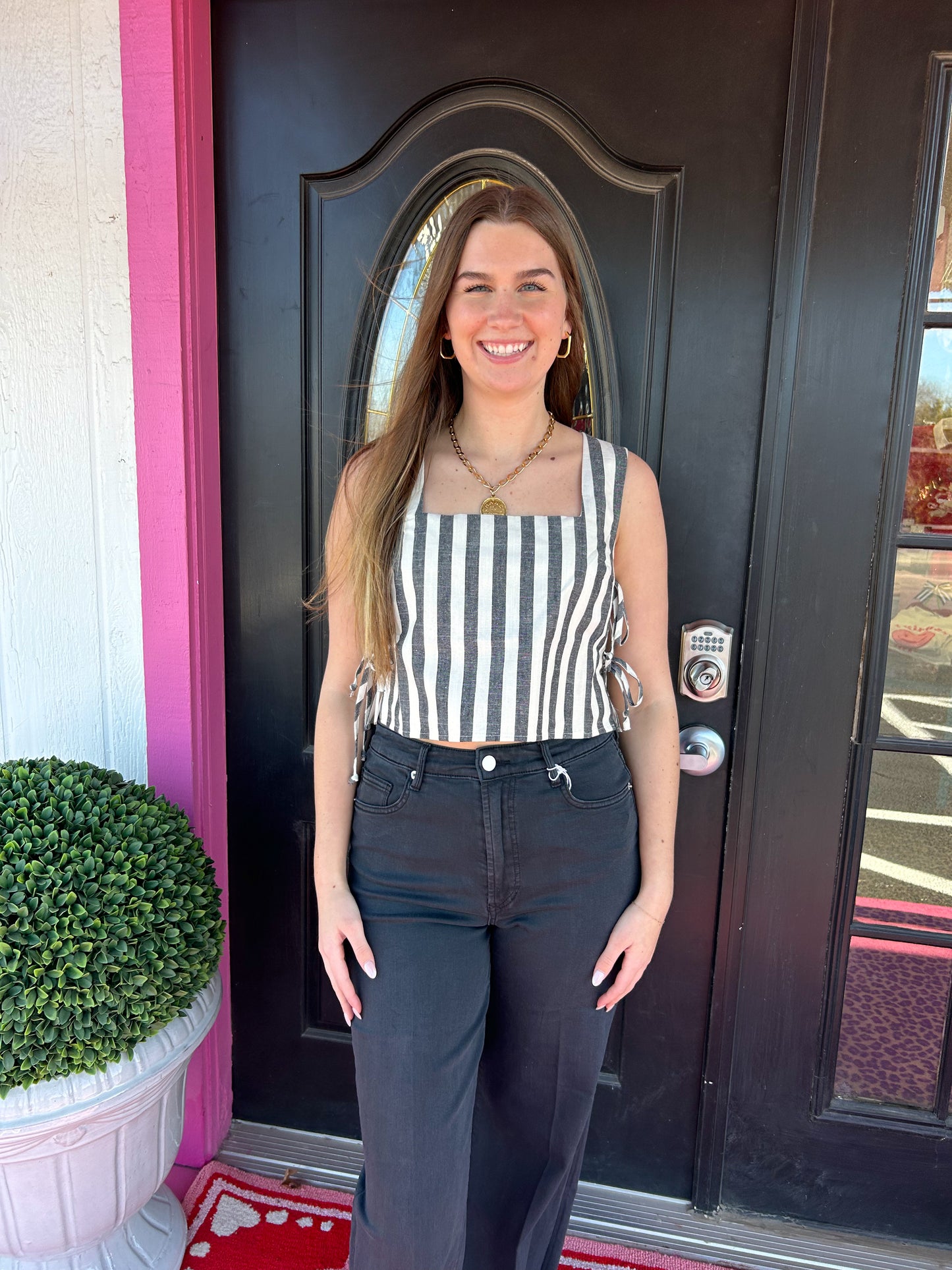 Black Stripe Side Tie Top