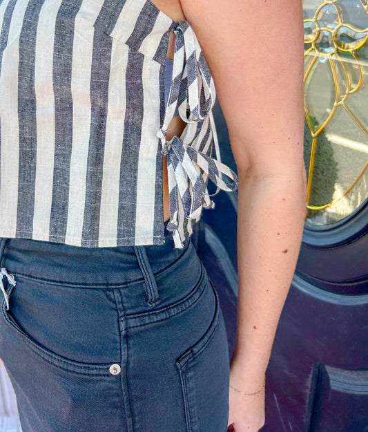 Black Stripe Side Tie Top