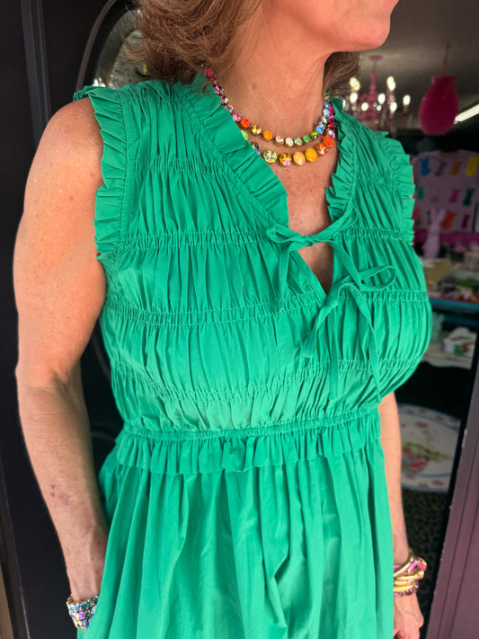 Kelly Green Tie Smocking Dress