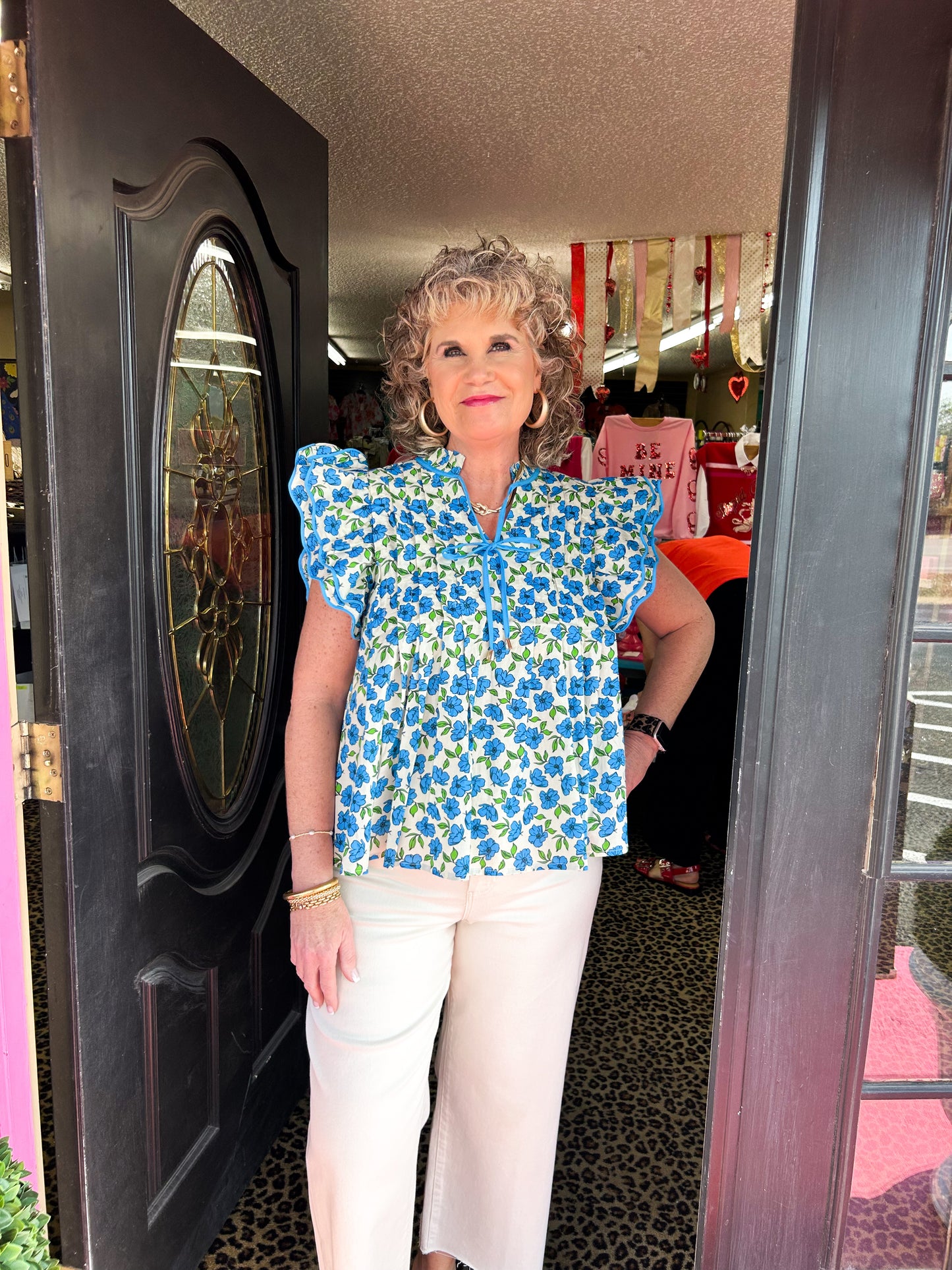 Blue Floral Pleated Tie Top