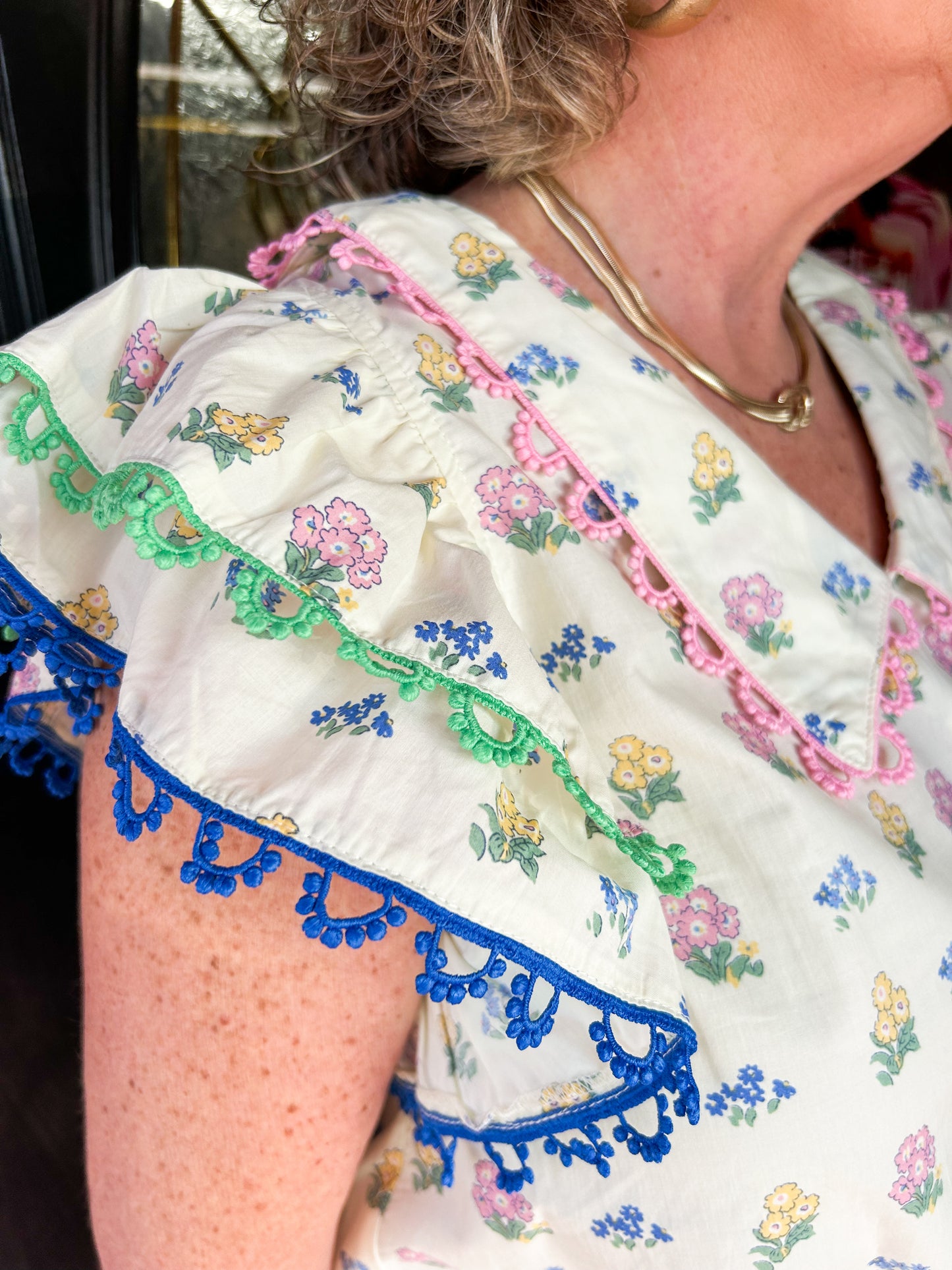 Cream Floral Multi Color Trim Top