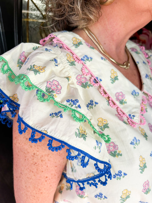 Cream Floral Multi Color Trim Top