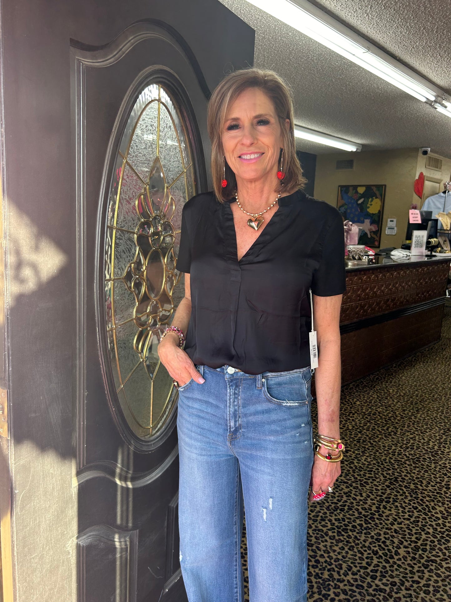 Black V-Neck Mixed Fabric Top