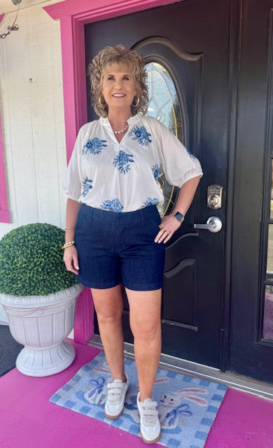 Anita White Blue Embroidered Top