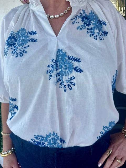 Anita White Blue Embroidered Top