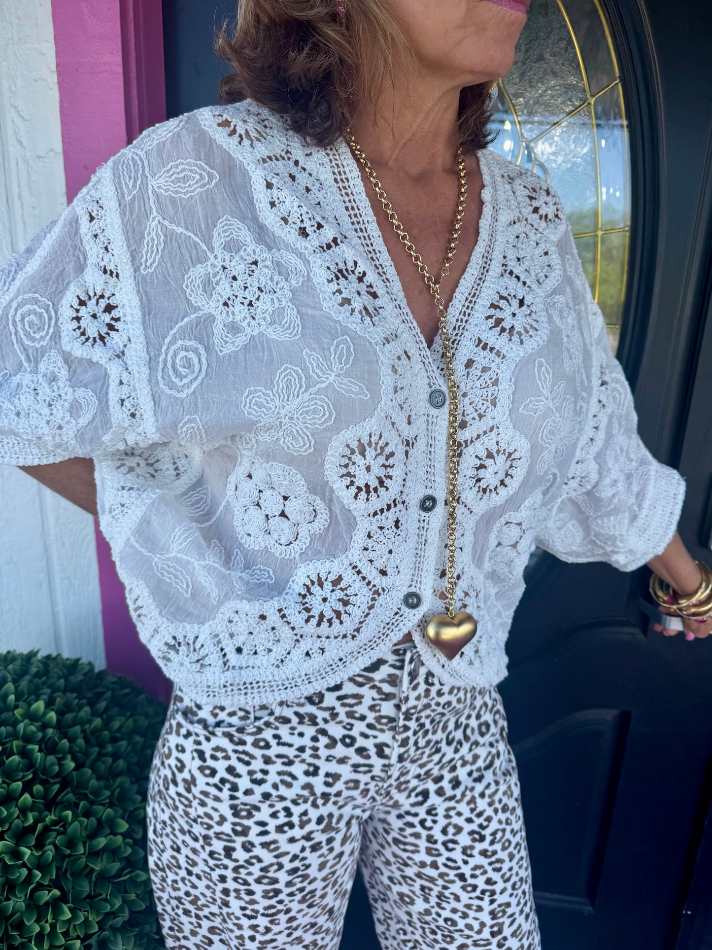 White Button Up Crochet Top - OS