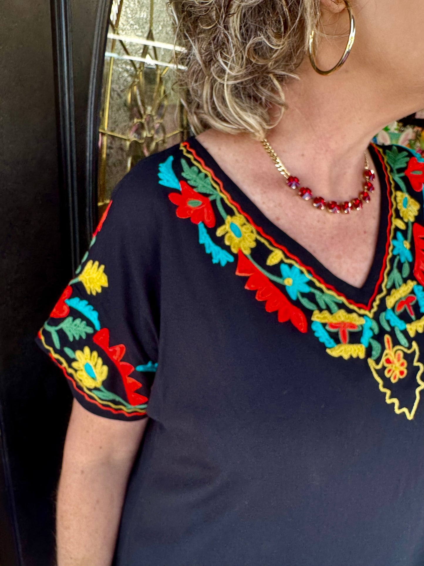 Black V-Neck Embroidered Dress