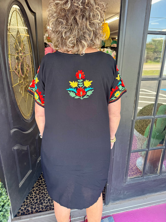 Black V-Neck Embroidered Dress