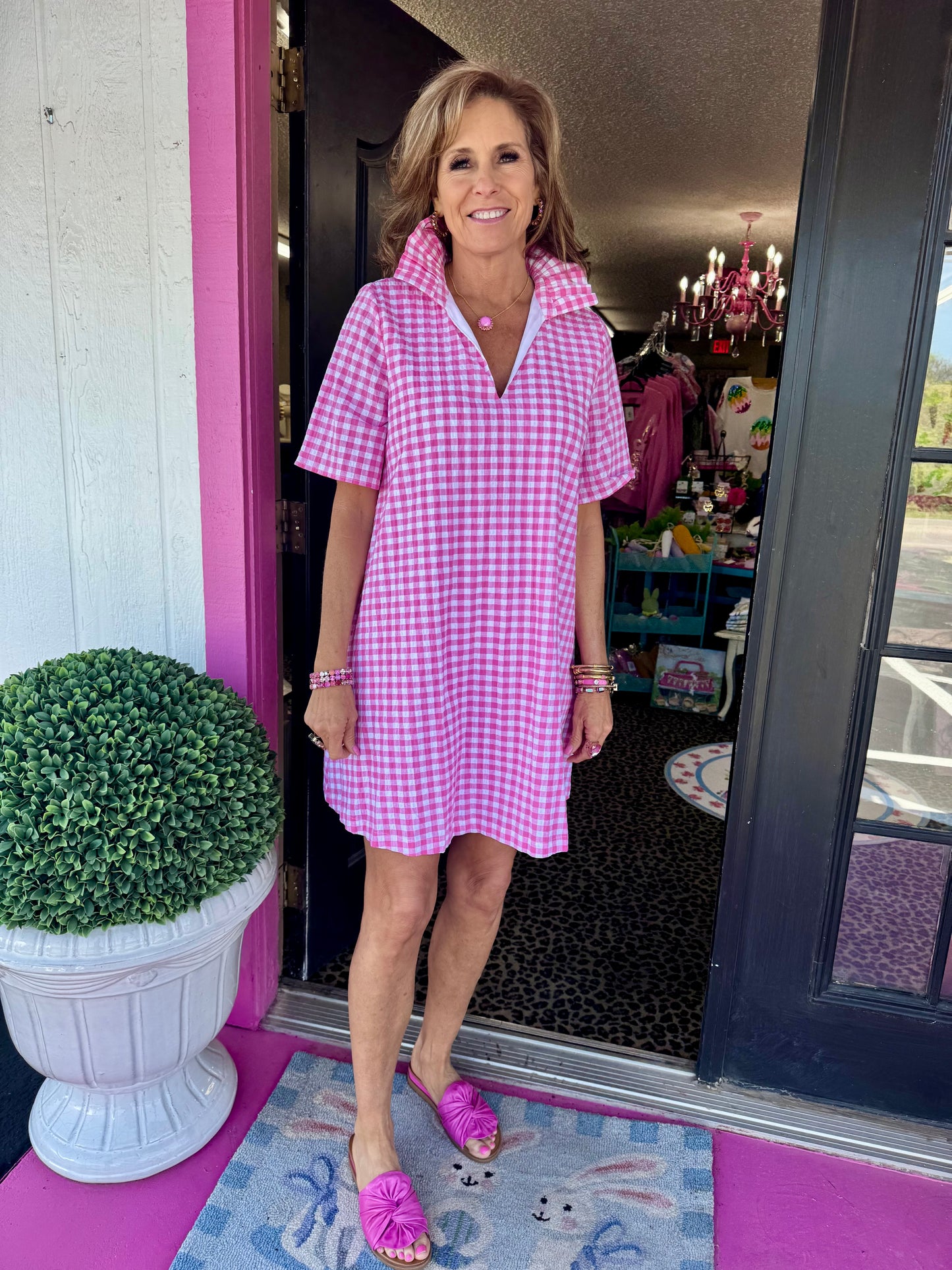 Pink Gingham Ruffle Collar Dress