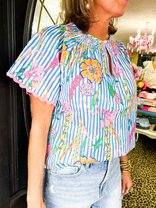 Blue Striped SS Floral Top