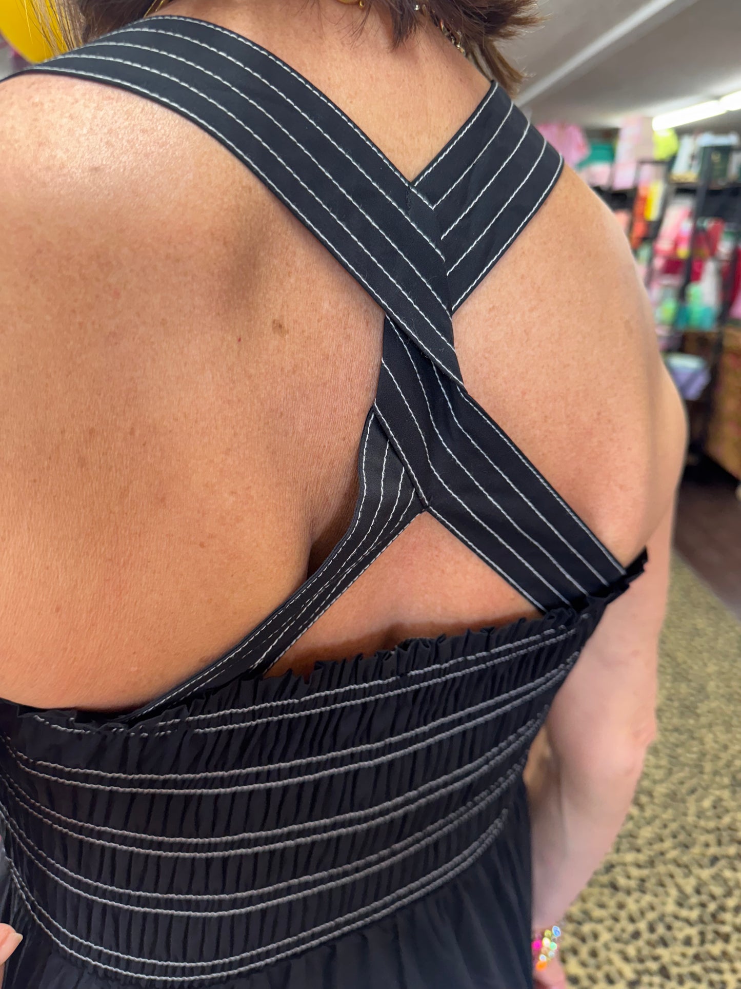 Black Sleeveless Smocked Dress