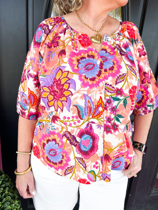 Floral Paradise SS Button Top
