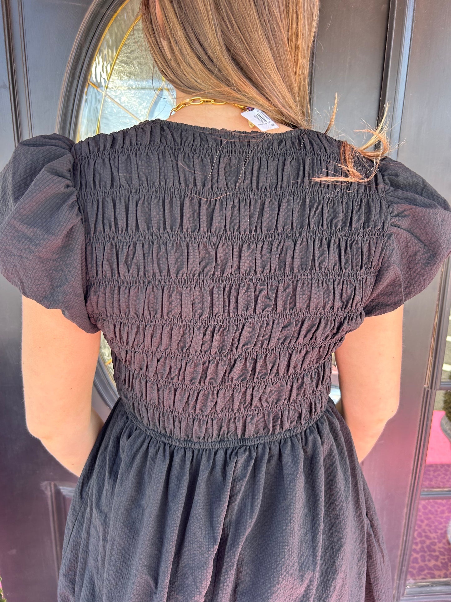 Black Smocked Front Tie Dress