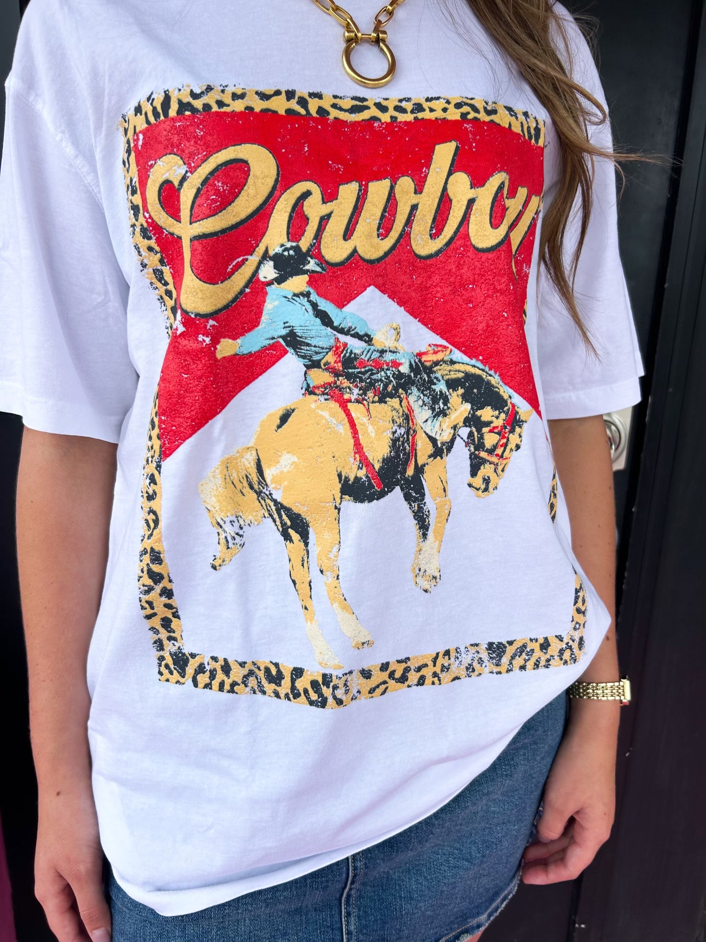White Cowboy Leopard Frame Tee