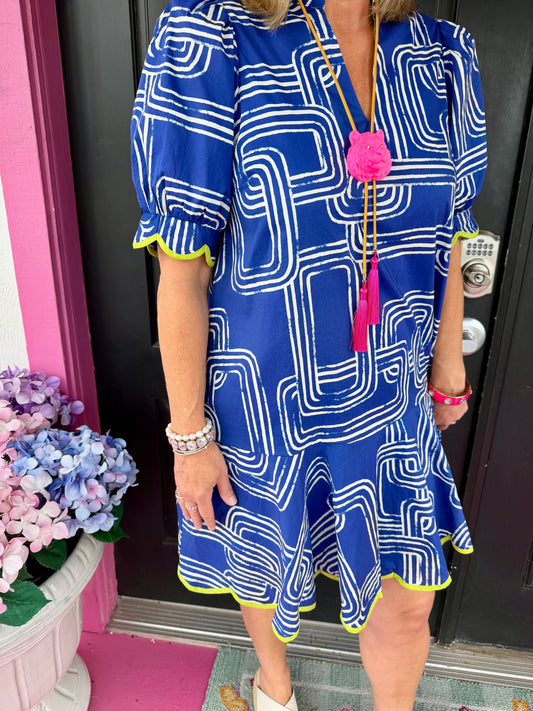 Blue SS Mini Dress w/Green Trim