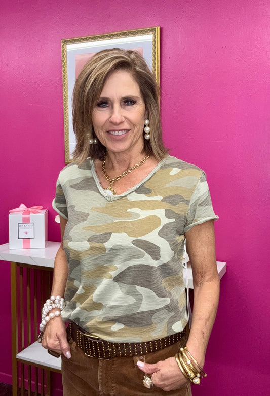 Vanya Camo V-Neck SS Top