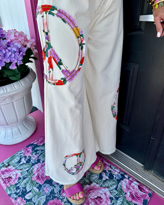 Cream Embroidered Wide Leg