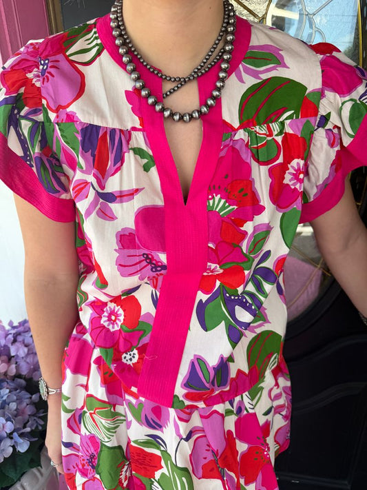 Hot Pink Floral V-Neck Top
