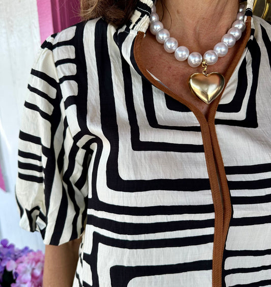 Cream Black Brown Trim Puff Top