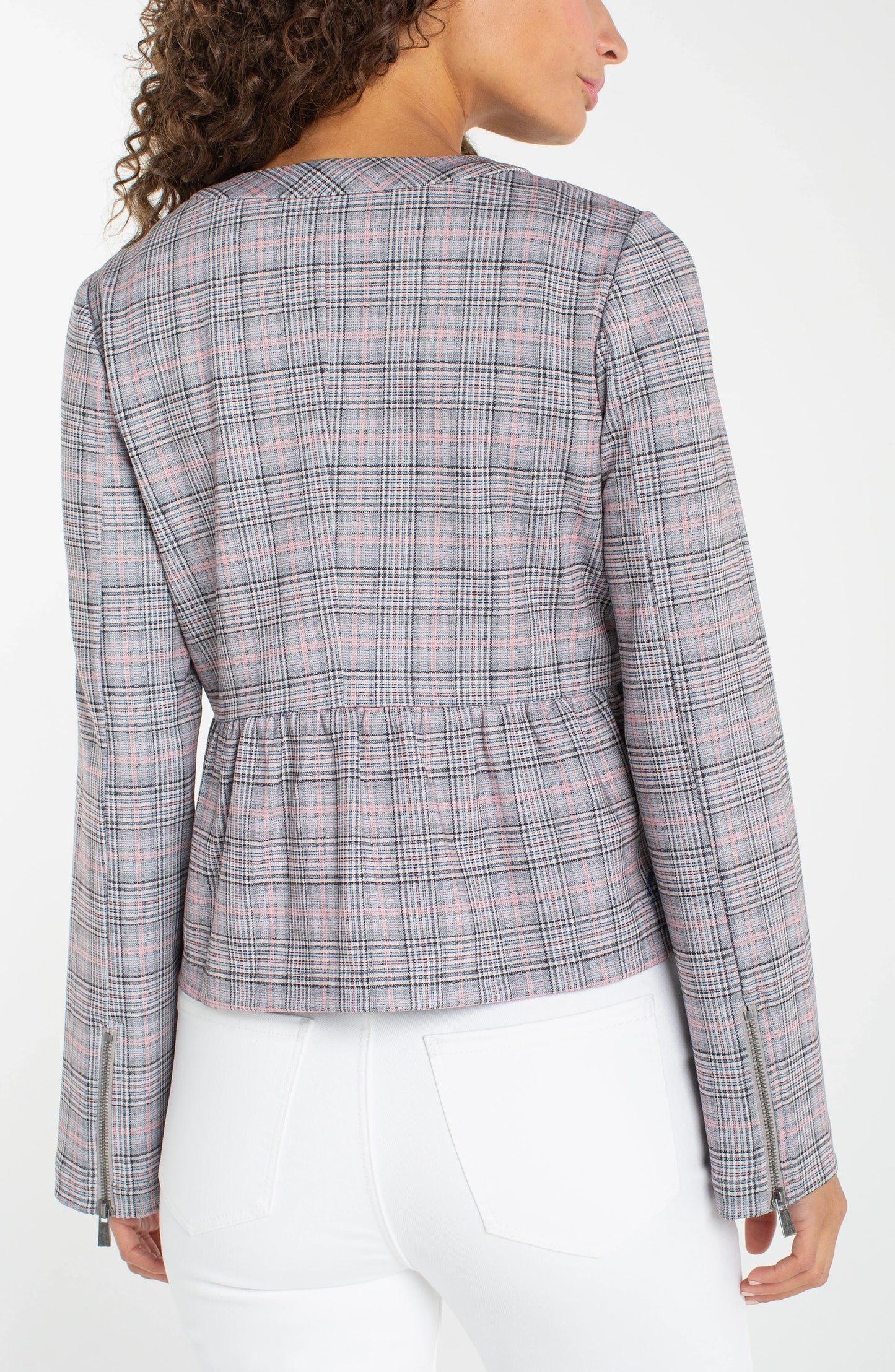 Gray Plaid Zip Peplum Jacket