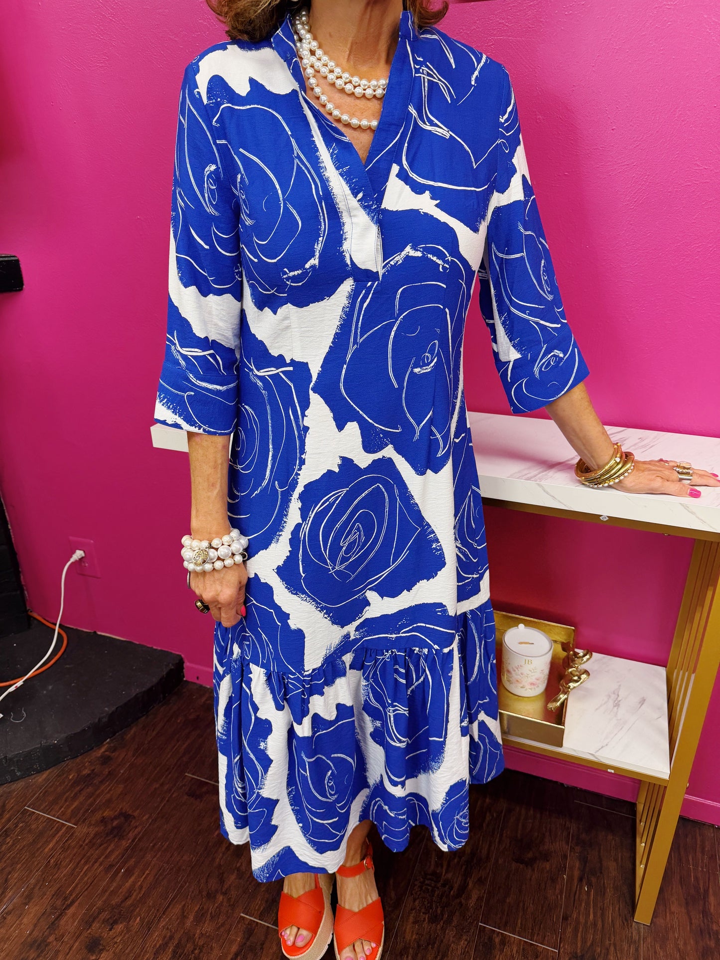 Royal/Wht flower Midi Dress