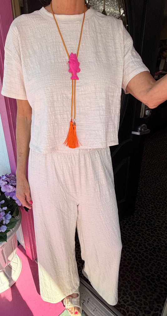 White Sway Textured Pant Set