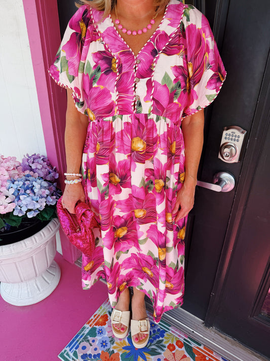 Fuchsia Floral V-Neck Midi Dress