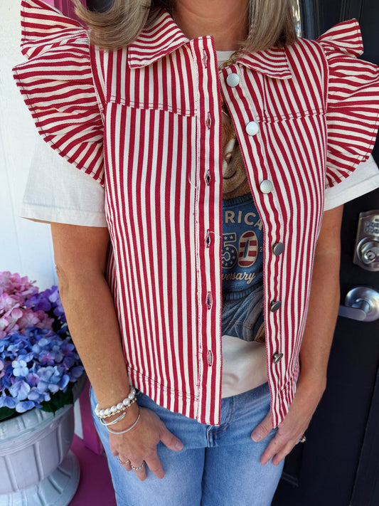 Red Stripe Ruffle Sleeve Vest