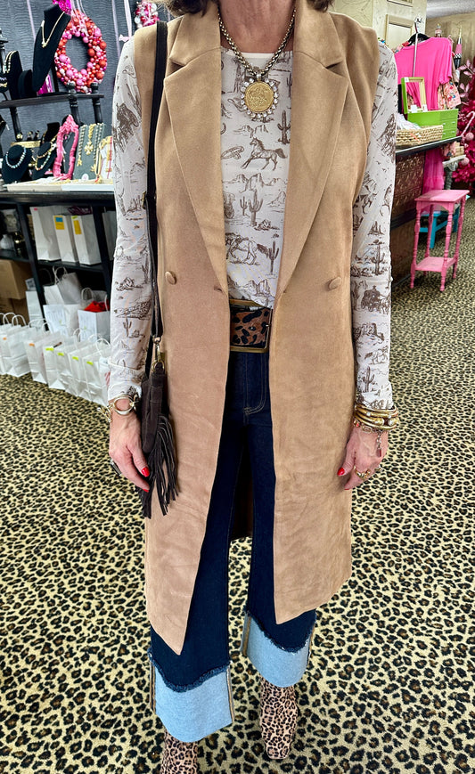 Camel Belted Faux Suede Vest