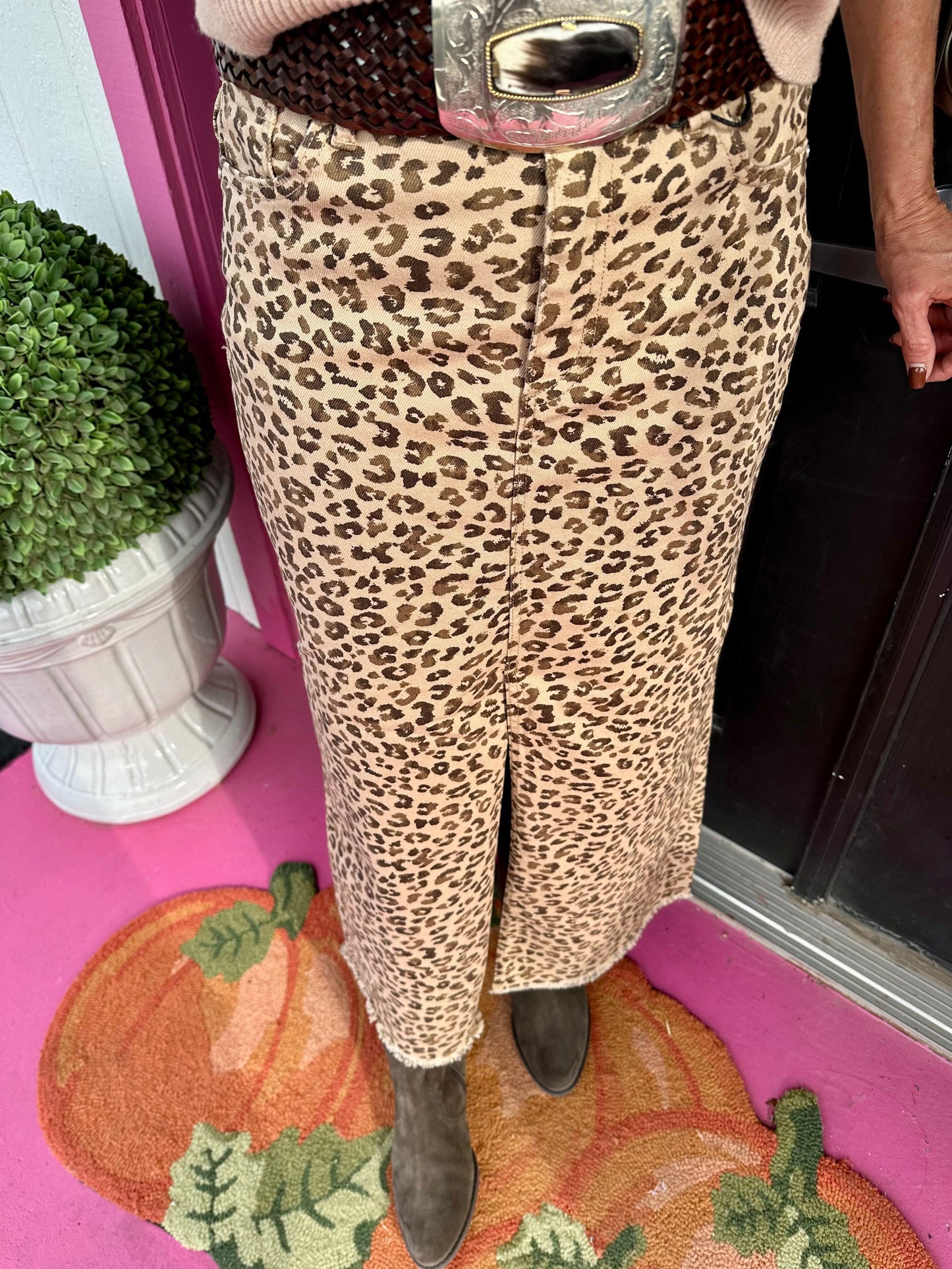 Leopard Front Slit Long Skirt