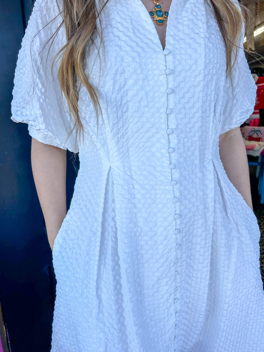 Off White Textured Button Dress