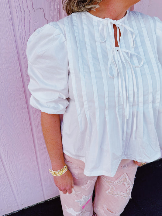 White Puff Sleeve Tie Top