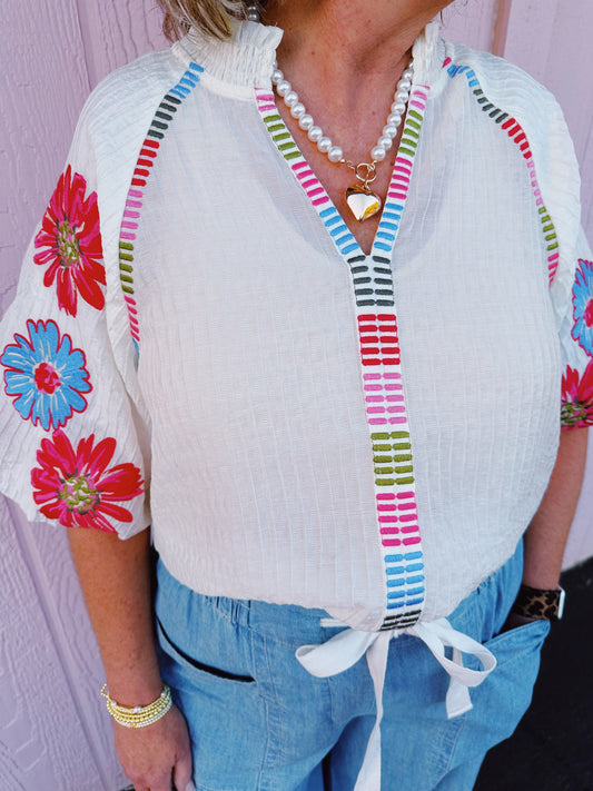 Cream Embroidered Puff Sleeve