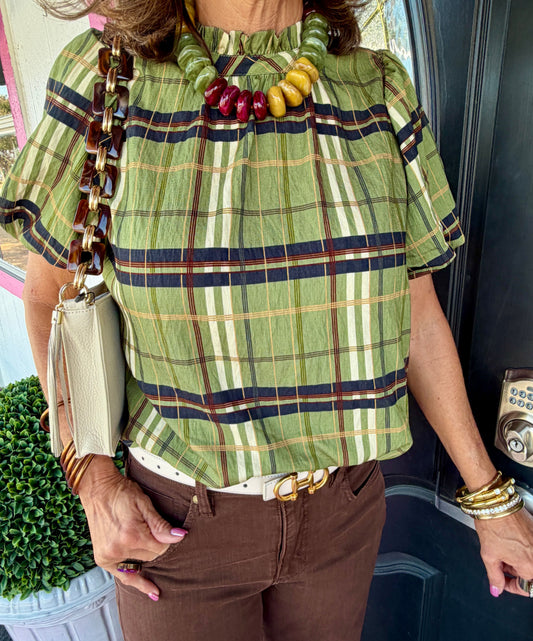 Green Plaid Ruffled Neck Top