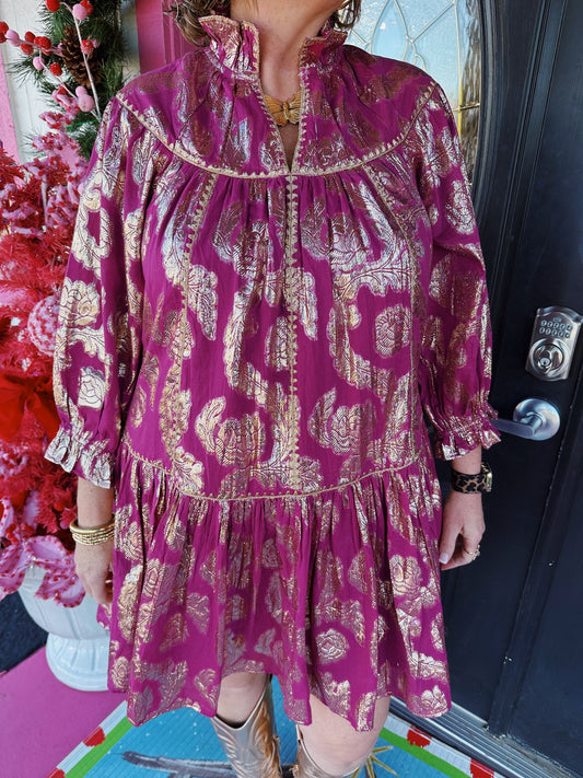 Raspberry Metallic Roses Dress