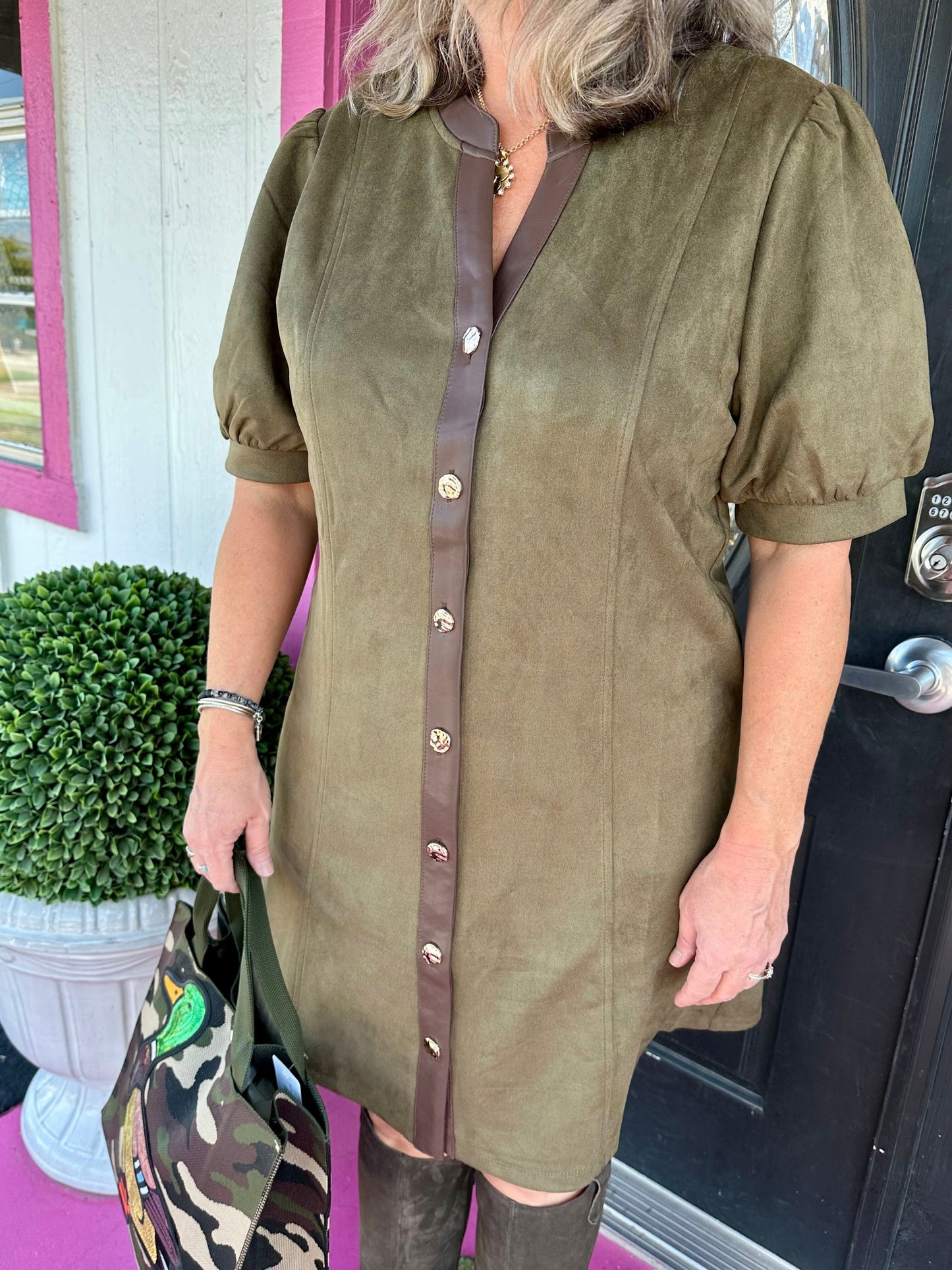 Olive Brown Trim Suede Dress