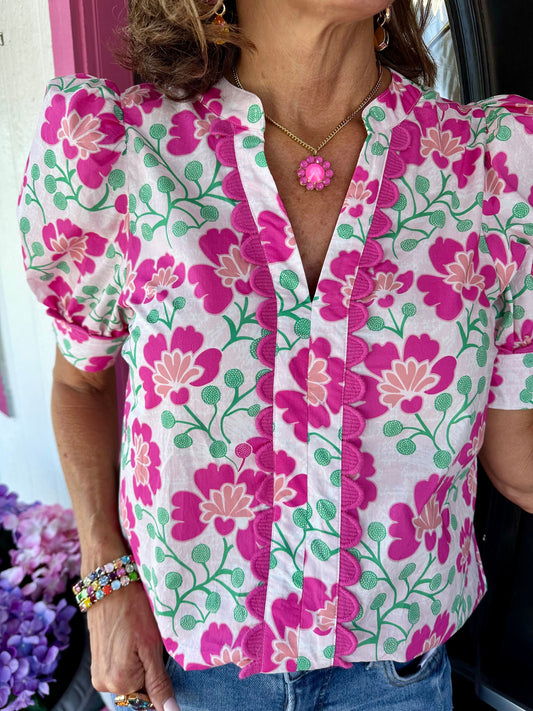 Pink Floral Pink Trim Top