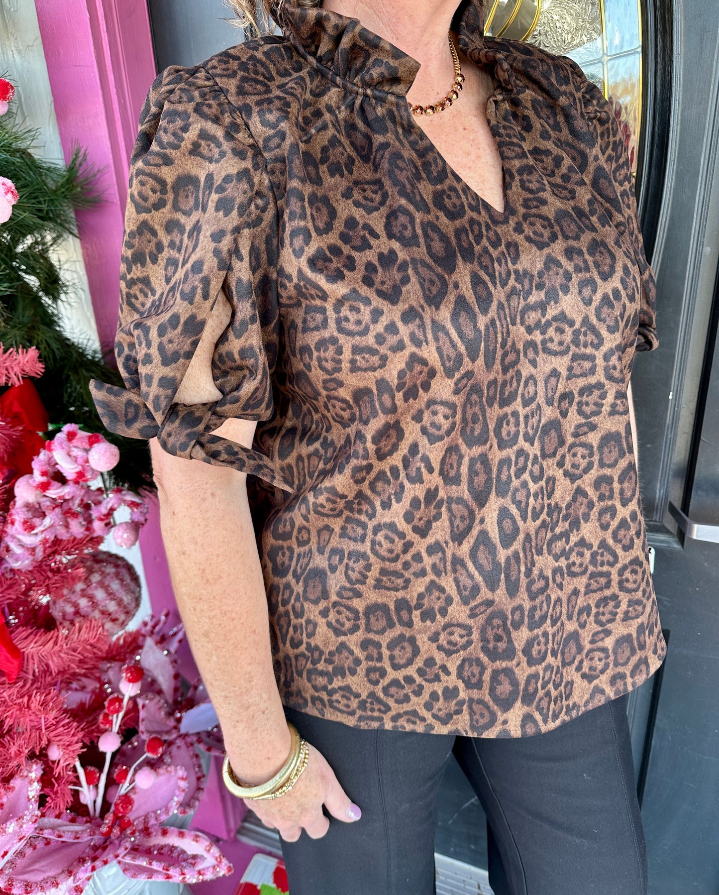 Brown Cheetah SS Tie Slv Top